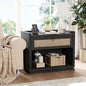 31" Wide Rattan Nightstand with Charging Station, End Side Table | Drawer & Open Shelf, Extra Large Night Stand, Farmhouse, Boho, Wood Bedside Table for Bedroom,Living Room,Office - color: Obsidian