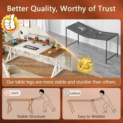 TVU Computer Desk, 63 inch Large Office Desk, Study Writing Table with Thicken Frame, Gaming Desk, Modern Simple Desk for Home Office, Brown/White - color: Brown+white, size: 63inch