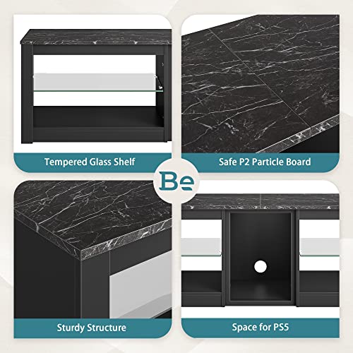 Bestier TV Stand for 70 inch TV, Gaming Entertainment Center for PS5, LED TV Cabinet with Glass Shelves for Living Room, 63'' Inch, Marble Black