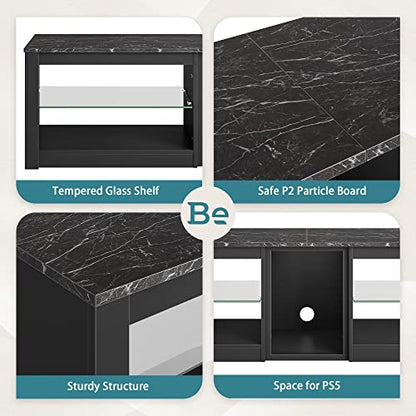 Bestier TV Stand for 70 inch TV, Gaming Entertainment Center for PS5, LED TV Cabinet with Glass Shelves for Living Room, 63'' Inch, Marble Black