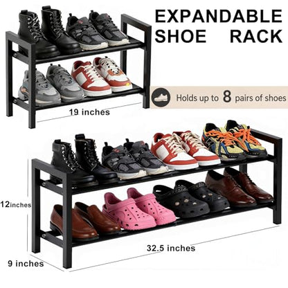 Expandable 2-Tier Metal Shoe Rack, Black Freestanding Storage Organizer | Telescopic, Adjustable, 40 lbs total load, Rust-proof metal, Quick Assembly for entryway closet Small Spaces - size: 2 Tier