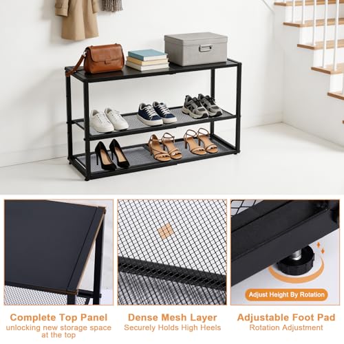 Expandable Shoe Rack,3 Tier Adjustable Metal Shoe Shelf for Closet, Sturdy Free Standing Shoe Storage for Door Entrance, Bedroom, Small Spaces, Black - size: 3-Tier