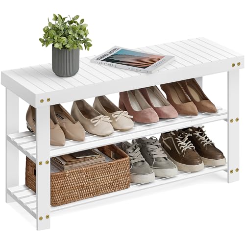 SONGMICS Shoe Rack Bench, 3-Tier Bamboo Shoe Storage Organizer, Entryway Bench, Holds Up to 286 lb, 11.3 x 35.4 x 17.8 Inches, for Entryway Bathroom Bedroom, Cloud White ULBS090W01 - color: Cloud White, size: 35.4"W