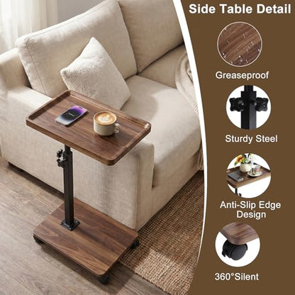 Simcat C Table End Table Adjustable Height, 360° Swivel TV Tray Table for Small Spaces, Couch Tables that Slide Under, C Shaped End Tables with Wheels for Couch Living Room Bedside TV(Walnut) - color: Walnut