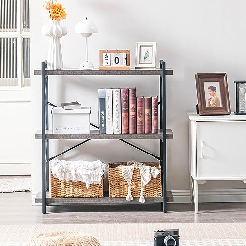 HCHQHS Bookshelf, 3-Tier Industrial Bookcase, Rustic Open Book Shelf, Freestanding Horizontal Bookshelves with Metal Frame - color: Grey, size: 3-Tier (35.8"W x 35.8"H)