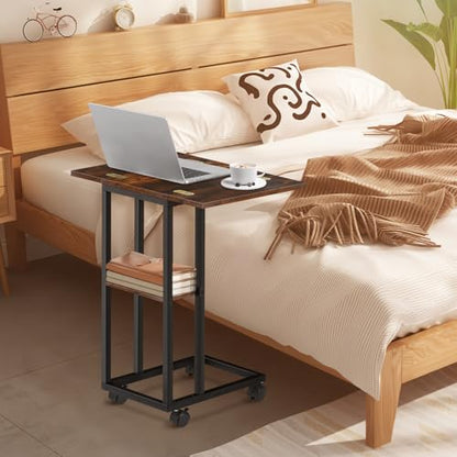 Foldable Small Side Table - C Shaped Couch End Table with Storage Shelf and Wheels, Expandable Wooden Snack Tray Table for Living Room Bedroom Sofa Bedside Chair Small Spaces Rustic Brown