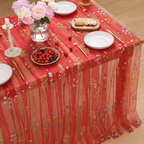 Horaldaily Embroidery Christmas Red Tablecloth 52×70 Inch Rectangular | Spring Summer Gauze Tablecloth, Seasonal Tulle Table Cover, Garden Party Decor, Resuable,Washable - color: Bright Red, size: 52" x 70" (Rectangular)