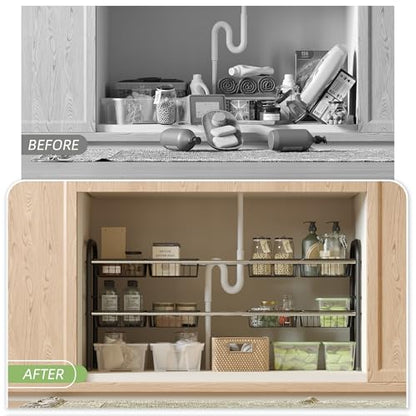 NETEL Under Sink Organizers and Storage, 2 Tier Expandable Under Cabinet Organizer Shelf with 8 Baskets, Expandable Shelf for Cupboard, Kitchen, Bathroom, Shoe Storage Rack - size: 8 Metal Baskets