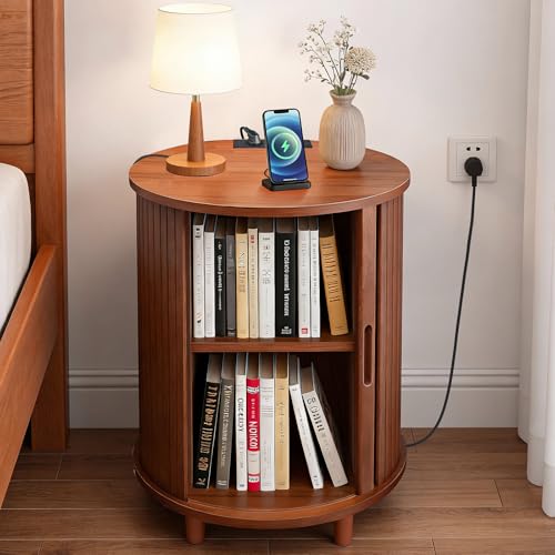 DHH Round End Table with Storage & Charging Station, Fluted Accent Side Table with Sliding Door & Adjustable Shelf, Mid-Century Nightstand for Small Spaces, Living Room, Bedroom (1, Walnut) - color: Walnut