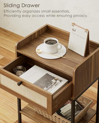 Nightstand,3-Tier Modern Night Stand,Bedside Table with Storage Drawer and Shelf,Small Side Table for Bedroom,Living Room,Walnut Brown - color: Walnut