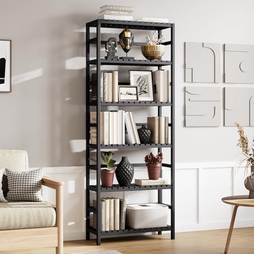 Bamjoy Bamboo Shelf, 6-Tier Bookshelf Adjustable Storage Shelves, Tall Shelving Unit Plant Stand, Storage Rack for Bathroom Home Office Living Room Kitchen, 23.6W x 10.2D x 63.4H Black - color: Black