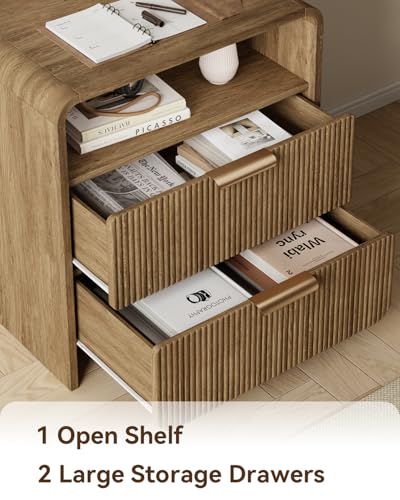 24" Fluted Nightstand Set of 2 with Charging Station, Bedside Table with Metal Handle, NightStand with 2 Drawer and Shelf, End Table for Bedroom, Curved Profile, Light Walnut - color: Light Walnut-2 Drawers, size: 2 Drawers