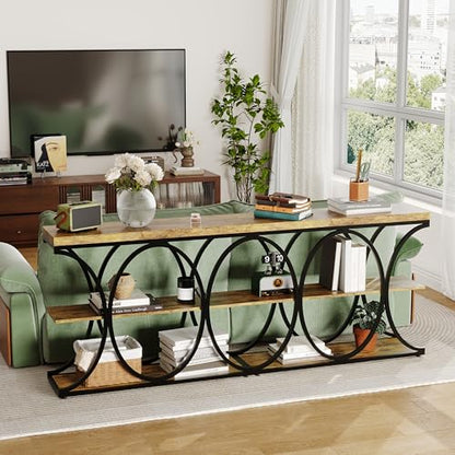 Garvee 39" Narrow Console Tables for Entryway, Industrial 3-Tier Sofa Table with Round Metal Base and Storage Shelves for Living Room, Hallway, Foyer, Retro Brown - color: Retro Brown
