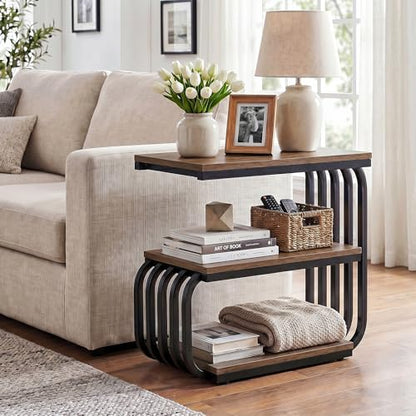 Tribesigns Small Narrow End Table with Storage Shelf, Industrial Side Tables with Curved Metal Frame, 3-Tier Accent Table and Nightstand for Living Room, Bedroom, Small Space (1, Brown) - color: Brown