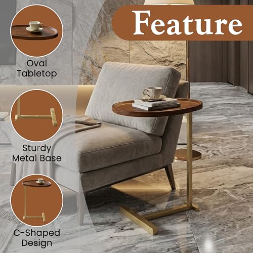 Kings Brand C-Shaped Side End Table, Sofa Table, Gold & Brown | Convenient C-Shaped Table – Slides Under Sofas, Chairs, Beds to Keep Coffee, Snacks, Laptops, Books, & Essentials w/in Reach - color: Brown