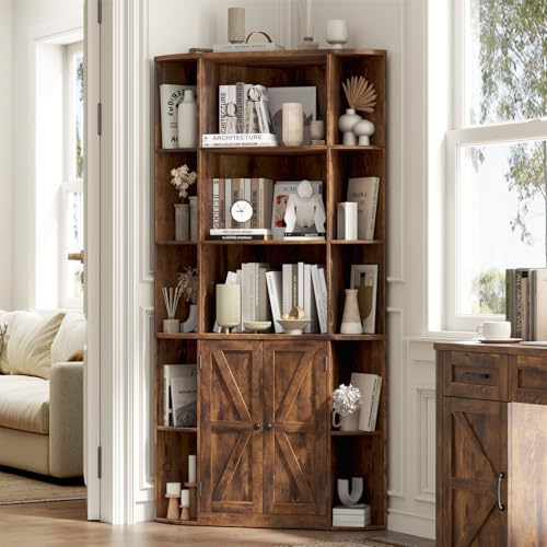 Vabches Corner Storage Cabinet, Farmhouse Storage Shelf with Bottom Cabinet, 67” Tall Corner Bookshelf with Barn Doors and Adjustable Shelf for Study, Living Room and Bedroom(Rustic Brown) - color: Rustic Brown