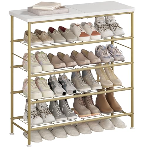 SUOERNUO Shoe Rack Organizer 5 Tier for Closet Entryway Free Standing Metal Storage Shoe Shelf with MDF Top Board，Gold - color: Gold, size: Standard 5 Tier