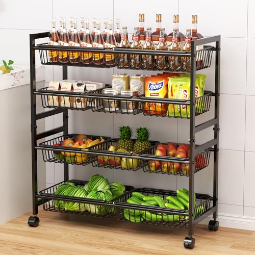 Cinati 4-Tier Snack Cart with Wheels, 29''W Toy Storage Organizer, Rolling Pantry Storage Cart with 10 Wire Baskets & Handle,Adjustable Metal Snack Rack, Kitchen Organizer for Fruit, Vegetables(Black) - color: Black, size: 4 Tier