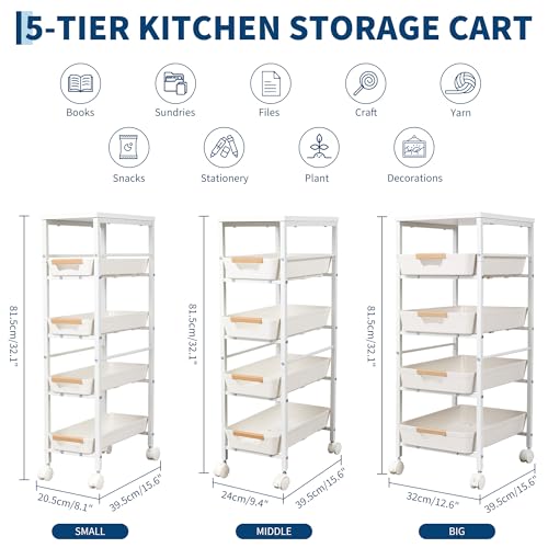 Garvee 5-Tier Slim Rolling Storage Cart, 12.6" Wooden Top Narrow Kitchen Carts on Wheels with Pull-Out Baskets, Mobile Shelving Unit Organizer for Kitchen, Bathroom, Laundry Room, Small Spaces