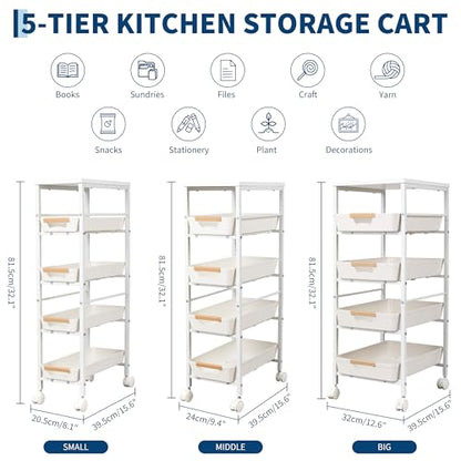 Garvee 5-Tier Slim Rolling Storage Cart, 12.6" Wooden Top Narrow Kitchen Carts on Wheels with Pull-Out Baskets, Mobile Shelving Unit Organizer for Kitchen, Bathroom, Laundry Room, Small Spaces