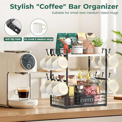 EsLuker.ly Coffee Mug Cup Holder Tree Bar Station Organizer, 2 Tier Mug Stand Rack for Countertop Kitchen, Storage Tower Display Shelf with 12 Hooks, Coffee Nook Enhancer, White-Black - color: White + Black