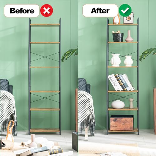 HCHQHS Narrow Bookshelf, Adjustable 6-Tier Industrial Bookcase, Rustic Open Book Shelf, Freestanding Tall Bookshelves with Metal Frame - color: Rustic Brown, size: 6-Tier (16.5"W x 70.2"H, Adjustable)