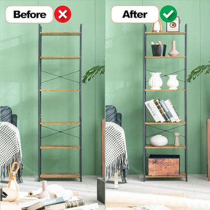 HCHQHS Narrow Bookshelf, Adjustable 6-Tier Industrial Bookcase, Rustic Open Book Shelf, Freestanding Tall Bookshelves with Metal Frame - color: Rustic Brown, size: 6-Tier (16.5"W x 70.2"H, Adjustable)