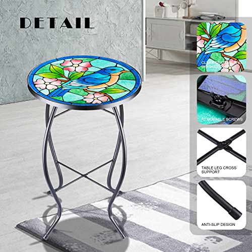 VCUTEKA Patio Side Table Outdoor Accent Table Bistro Coffee Table Plant End Table Small Porch Table Indoor Round Glass Balcony Bluebird Plant Table Stands - color: Blue Bird