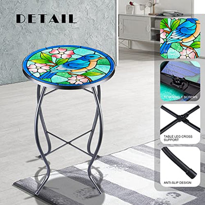 VCUTEKA Patio Side Table Outdoor Accent Table Bistro Coffee Table Plant End Table Small Porch Table Indoor Round Glass Balcony Bluebird Plant Table Stands - color: Blue Bird