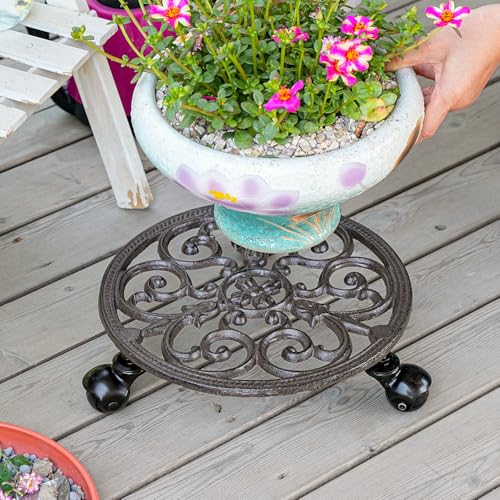 Sungmor Heavy Duty Cast Iron Plant Caddy,11" Round Potted Plant Stand Flower Pot Rack on 3 Solid Wheels,Indoor Outdoor Planter Holder Trolley Casters Rolling Tray | Plant Stand Flower Pot Rack, Indoor Outdoor Planter Holder Trolley Casters Rolling Tray -