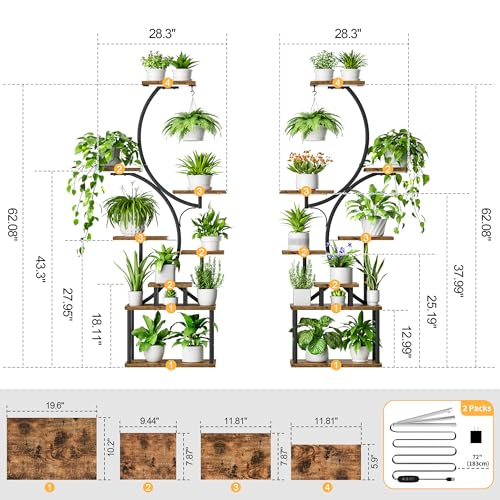 BACEKOLL Plant Stand Indoor with Grow Light - 2 Pack Tall Indoor Plant Shelf, 62" Corner Plant Holder, 8 Tiered Large S-Shape Flower Multiple Display Shelf for Home, Office
