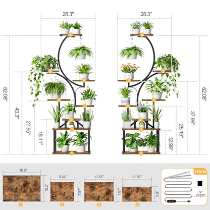 BACEKOLL Plant Stand Indoor with Grow Light - 2 Pack Tall Indoor Plant Shelf, 62" Corner Plant Holder, 8 Tiered Large S-Shape Flower Multiple Display Shelf for Home, Office
