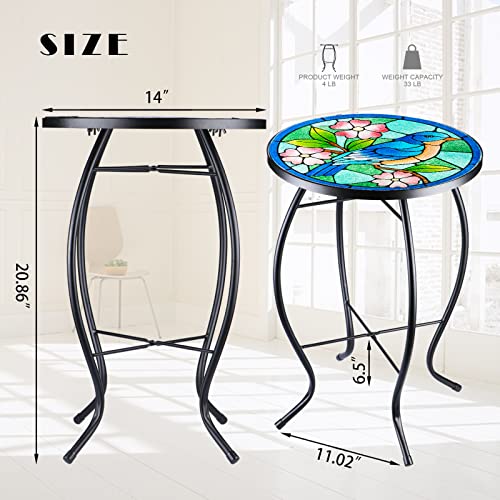 VCUTEKA Patio Side Table Outdoor Accent Table Bistro Coffee Table Plant End Table Small Porch Table Indoor Round Glass Balcony Bluebird Plant Table Stands - color: Blue Bird