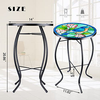 VCUTEKA Patio Side Table Outdoor Accent Table Bistro Coffee Table Plant End Table Small Porch Table Indoor Round Glass Balcony Bluebird Plant Table Stands - color: Blue Bird