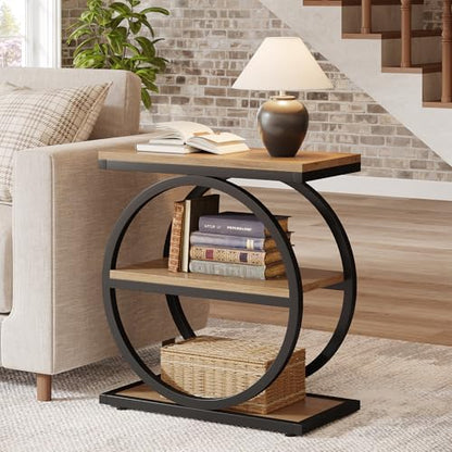 Tribesigns Side End Table with 3 Storage Shelves, Industrial Sofa Table with Round Metal Frame for Living Room, Engineered Wood Nightstand for Bedroom, Oak - color: Oak