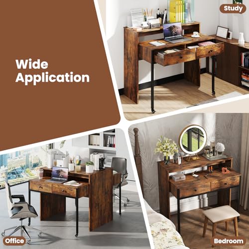 Giantex Small Computer Desk with Hutch & Drawers, Extendable Writing Desk w/Pull Out Secondary Table, Monitor Stand & Rolling Wheels, Console Table, Compact Desk for Small Spaces (Rustic Brown) - color: Rustic Brown