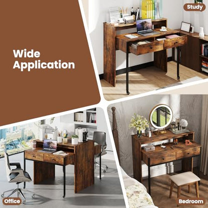 Giantex Small Computer Desk with Hutch & Drawers, Extendable Writing Desk w/Pull Out Secondary Table, Monitor Stand & Rolling Wheels, Console Table, Compact Desk for Small Spaces (Rustic Brown) - color: Rustic Brown