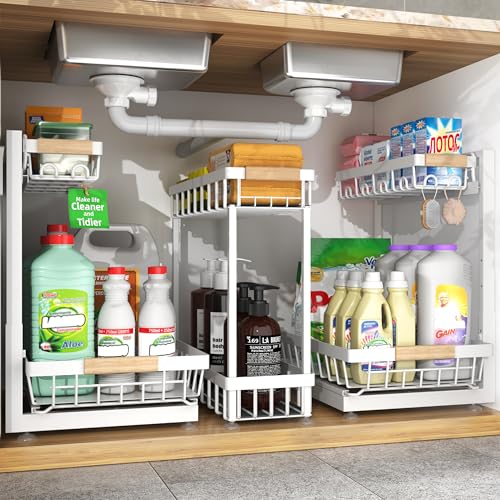 Sevenblue 3 Pack Under Sink Organizer, Height Adjustable 2 Tier Pull-Out Metal Under Kitchen Sink Organizer, Multi-Purpose Storage Shelves for Kitchen Bathroom Cabinet, White - color: White