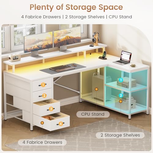 SEDETA L Shaped Gaming Desk with 4 Drawers, Shelves, Power Outlets, White | L Shaped Desk with LED Lights , Computer Desk with Shelves & Drawer, Corner Desk Home Office Desk - color: White