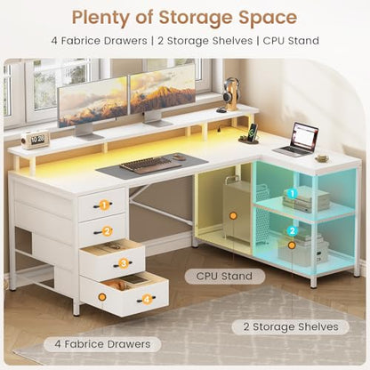 SEDETA L Shaped Gaming Desk with 4 Drawers, Shelves, Power Outlets, White | L Shaped Desk with LED Lights , Computer Desk with Shelves & Drawer, Corner Desk Home Office Desk - color: White