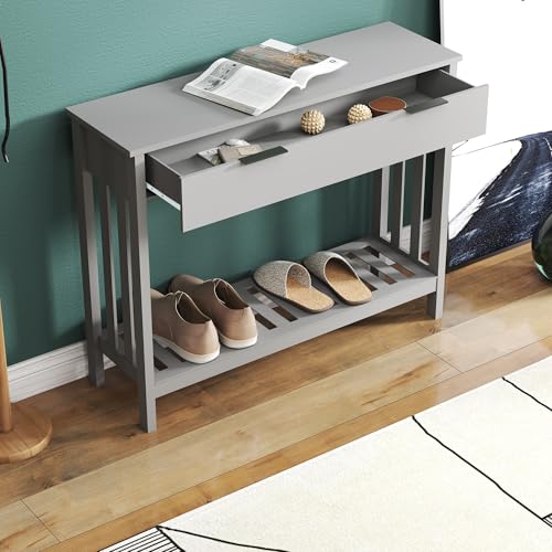 TaoHFE Grey Narrow Console Table with Drawer Storage Shelf, Modern Wooden Entryway Sofa Table, 39 Inch Slim Behind Couch Table, Side Display Console Table for Living Room,Office,Grey - color: Grey