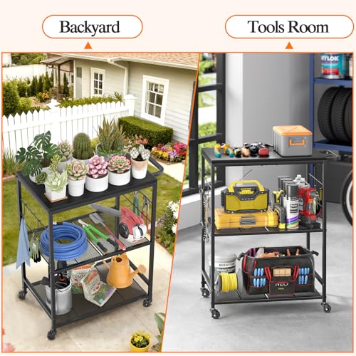 DAOUTIME Grill Cart for Outside, 3-Tier BBQ Food Prep Rolling Table Cart, with 23.62" Lx 15.75" W Rust-Resistant Tabletop, Outdoor Pizza Oven Table Ideal for Patio Backyard Kitchen Tools Room