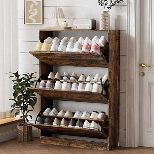 Xixini Shoe Storage Cabinet for Entryway with 3 Flip Drawers, Sturdy Wood Hidden Shoe Storage, Freestanding Narrow Slim Shoe Organizer for Front Door Entrance, Living Room, Hallway, Bedroom, Brown - color: Brown, size: 3 Drawers without Rack