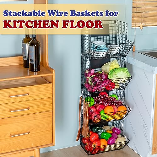 X-cosrack Metal Wire Basket Wall Mount, 4 Tier Extra Large Wall Storage Basket Organizer with Chalkboards, Kitchen Fruits and Vegetables Produce Bin Rack Toys Organizer Bathroom Tower Baskets (Black) - color: Black-4 Tiers