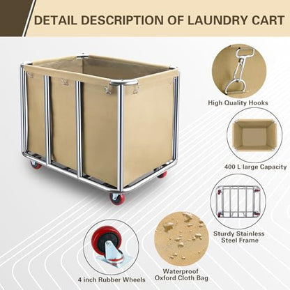 Commercial Laundry Cart with Wheels,400L Large Industrial Laundry Cart,Rolling Laundry Cart with Sturdy Stainless Steel Frame and Oxford Bag for Home Hotel Hospital 440 lbs (Beige) - color: Beige