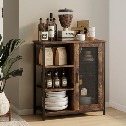 LVSOMT Mini Coffee Bar Cabinet for Home Kitchen, 27.5'' Coffee Stand Station with Adjustable Shelves & Door, Farmhouse Sideboard Buffet for Small Space, Dining Room, Living Room, Industrial Brown - color: Brown