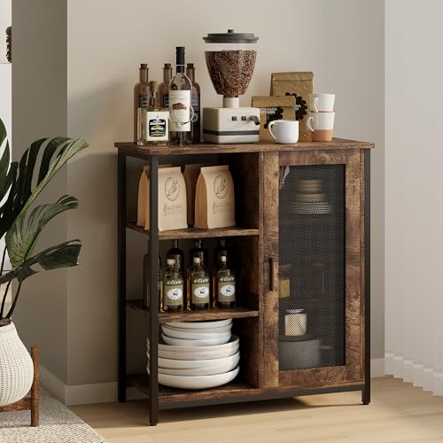 LVSOMT Mini Coffee Bar Cabinet for Home Kitchen, 27.5'' Coffee Stand Station with Adjustable Shelves & Door, Farmhouse Sideboard Buffet for Small Space, Dining Room, Living Room, Industrial Brown - color: Brown