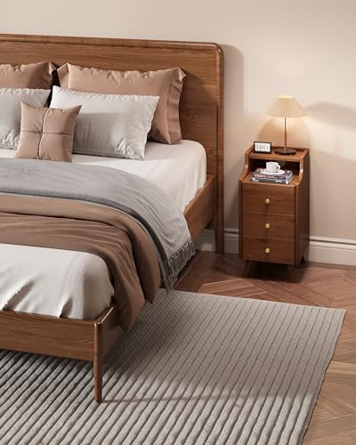 Narrow Nightstand with Drawers, 11.8" Solid Wood Nightstand with Open Shelf & Cable Hole, Modern Night Stand Slim Bedside Table for Small Spaces, Bedroom, Study - color: Walnut, size: 15.7"D x 11.8"W x 23.6"H