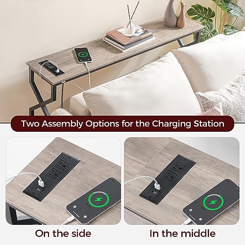 MAHANCRIS 44.9" Sofa Table, 9.4" Narrow Console Table with Charging Station, Couch Table Behind Sofa with Outlet, Entryway Table with Display Shelf, Living Room, Greige CTHG113E01 - color: Greige + Black