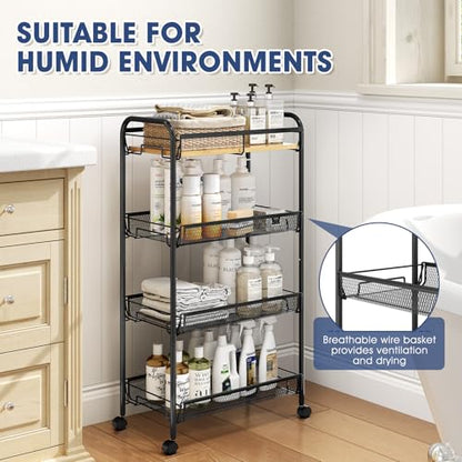 TOOLF 4-Tier Rolling Cart, Metal Utility Cart, Slide Out Storage Cart with Wooden Tabletop and Mesh Baskets, Easy Assemble Trolley for Kitchen Bathroom Laundry Room Bedroom Apartments Dormitory - size: Wide, style: Black